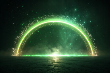 A curve of sparkling green light. A semicircle. A ray. A beam. A black background. Sparkle. A line.