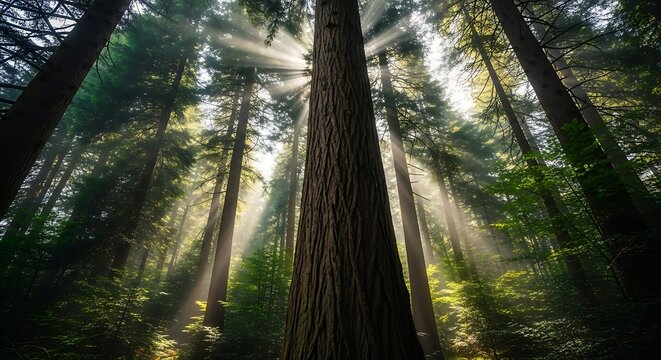 Sunbeams filter through ancient redwood forest canopy - Powered by Adobe