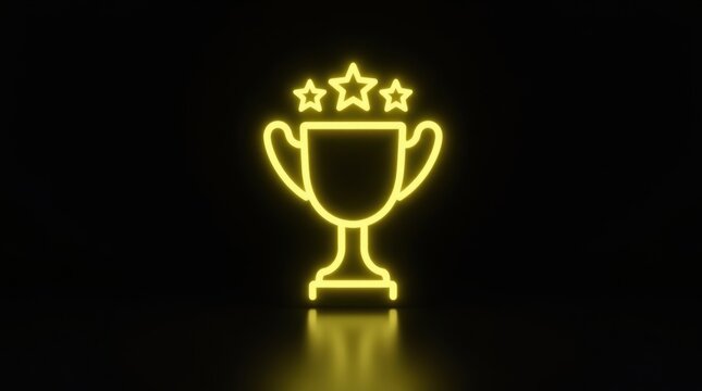 Golden neon trophy with stars on a dark background symbolizing victory - Powered by Adobe