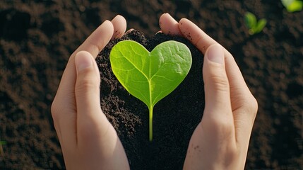 Hands forming a heart shape around a young plant on dark soil for world environment day celebration