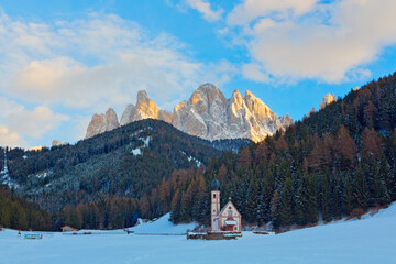 Panoramic view of alpine Village Santa Maddalena in Val di Funes, Dolomite Alps, Italy