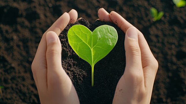 Hands forming a heart shape around a young plant on dark soil for world environment day celebration