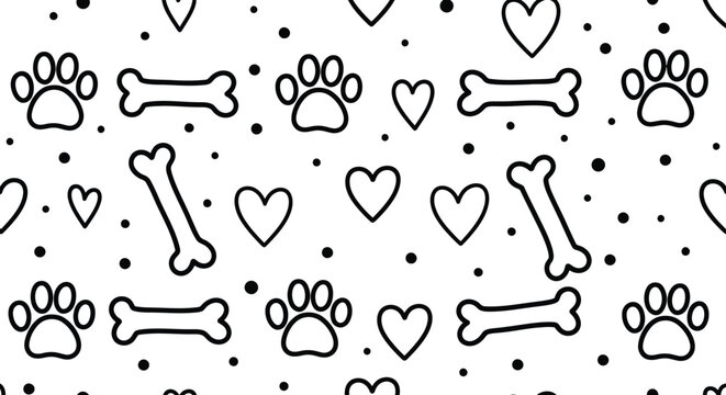 Paw Print, Bones, Heart Pattern on White Background, Line Art Style, Dog Lover Theme