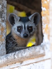Obraz premium Cute gray mongoose lemur peers from window, soft light, focused gaze