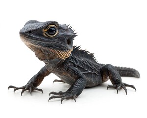 Obraz premium Dark lizard with textured scales, facing left, isolated against white