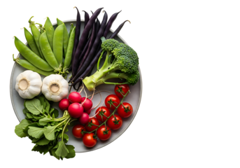 A vibrant assortment of fresh raw vegetables including peas broccoli garlic radishes and tomatoes isolated on transparent background