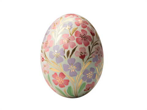 A beautifully decorated easter egg with a floral pattern in pastel colors isolated on transparent background