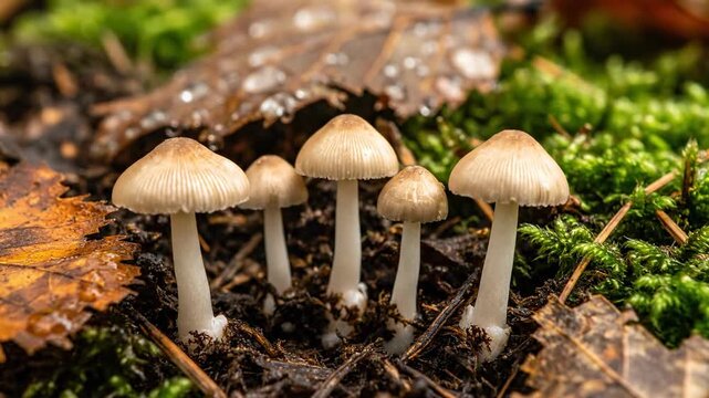 Edible brown Boletus edulis mushroom in the green forest moss during the autumn season