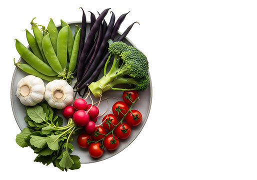 A vibrant assortment of fresh raw vegetables including peas broccoli garlic radishes and tomatoes isolated on transparent background - Powered by Adobe