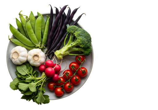 A vibrant assortment of fresh raw vegetables including peas broccoli garlic radishes and tomatoes isolated on transparent background