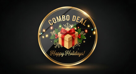 A festive combo deal badge with a gift box, adorned with a red ribbon, surrounded by holly and twinkling lights, perfect for holiday promotions and seasonal marketing campaigns
