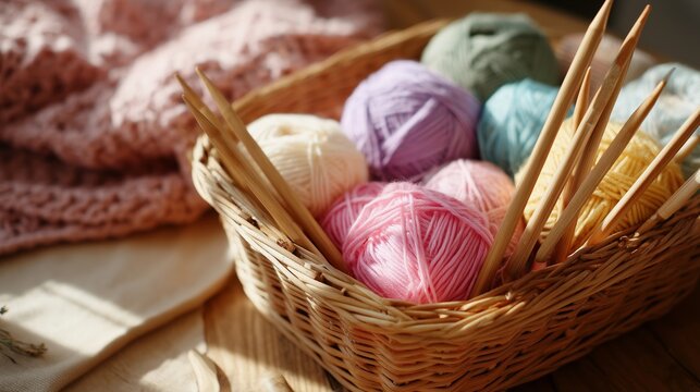 Colorful yarn and knitting supplies in a cozy setting during daytime crafting session