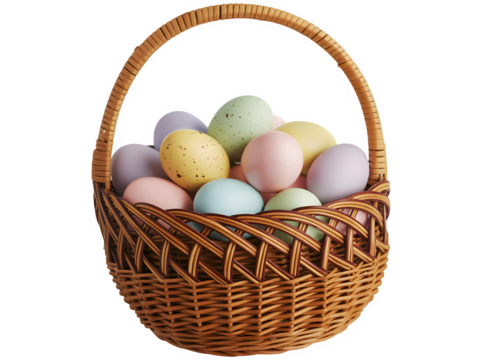 Woven easter basket filled with pastel colored decorative eggs isolated on transparent background - Powered by Adobe