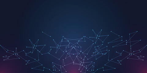 Dark blue gradient tech background with glowing nodes and connecting lines, low poly network mesh constellation at bottom, futuristic data AI communication banner,