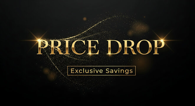 Price drop exclusive savings promotion with golden text and sparkling particles on a black background, perfect for advertising campaigns and seasonal sales events