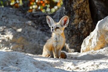Obraz premium Fennec fox sits alert among light rocks; tree trunk blurry behind