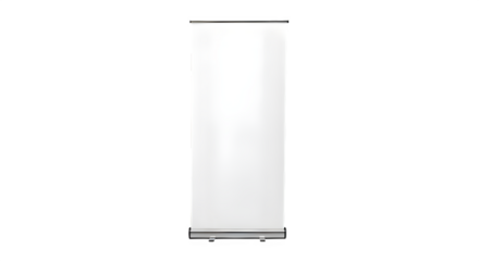 Tall vertical white banner display stand with black base and black background