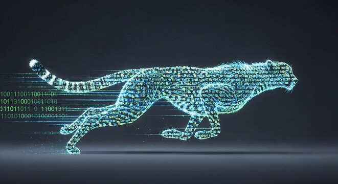 Digital Cheetah Running, Composed of Binary Code and Data, Representing Speed and Technology