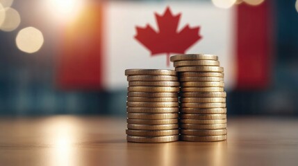 Financial growth and business success illustrated by stacks of coins with the Canadian flag as a backdrop