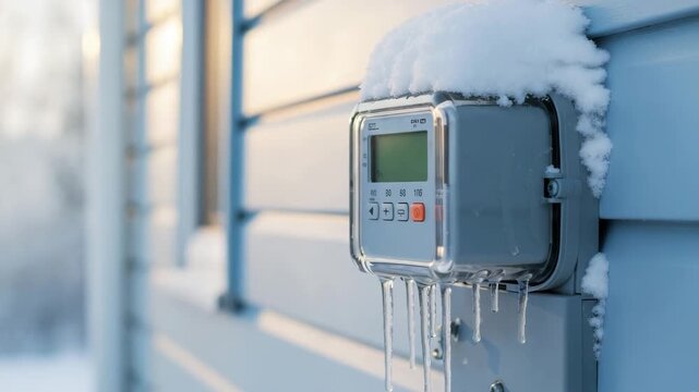Frozen outdoor electrical timer covered in snow and icicles. Close-up of a control box on a house wall in cold winter weather. Vertical video of home heating and energy consumption in freezing