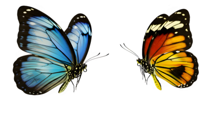 Two vibrant butterflies one blue one orange displayed against a stark black background