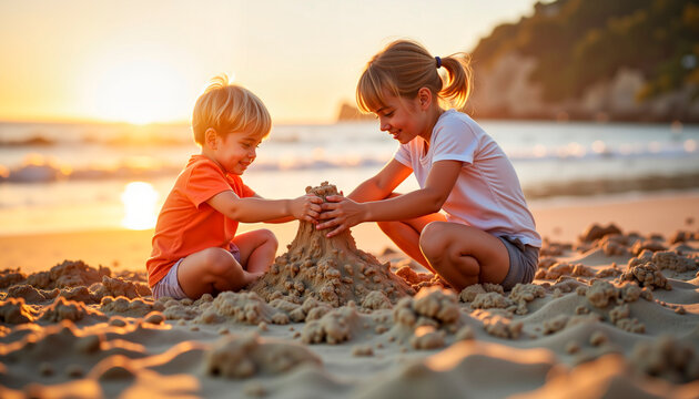 Two children building sandcastle together on beach at sunset  
