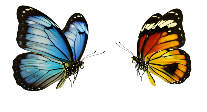 Two vibrant butterflies one blue one orange displayed against a stark black background