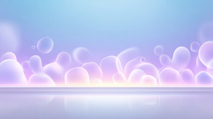 Soft pastel bubbles float gently on smooth reflective surface with dreamy blue and purple gradient background creating calm and soothing atmosphere