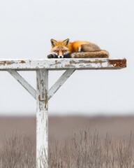 Obraz premium Fox rests atop a weathered, painted post, overlooking a hazy, natural field