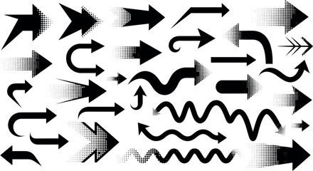 Fototapeta premium Collection of various black arrows pointing in different directions, isolated on a