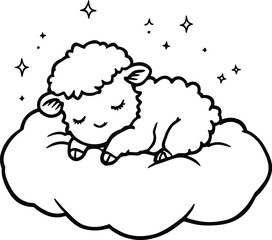 Sleeping Lamb on Cloud Cartoon Vector Illustration with Stars Depicting Calm Dreamy Scene for Kids and Bedtime Themes
