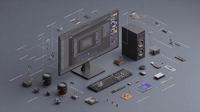 A meticulously arranged display of computer equipment, showcasing its various components