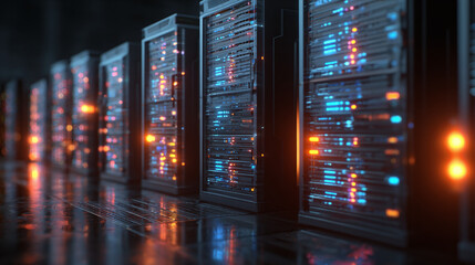 Rows of advanced data servers illuminate a dark room with bright lights