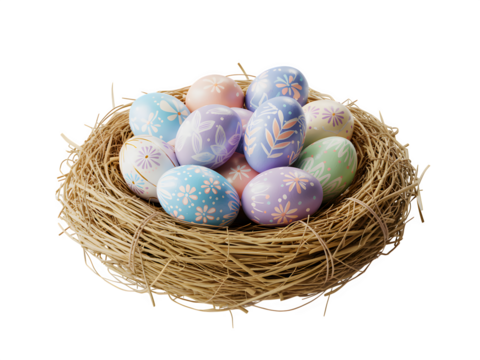 A rustic bird s nest filled with colorful pastel easter eggs isolated on transparent background