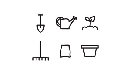 Gardening outline icons set, shovel, rake, watering can, seedling, fertilizer bag, plant pot &mdash; minimal black line vector for web, app, UI