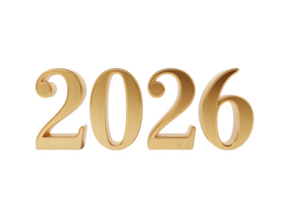 Golden metallic numbers 2026 representing the upcoming new year isolated on transparent background