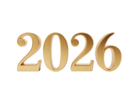 Golden metallic numbers 2026 representing the upcoming new year isolated on transparent background