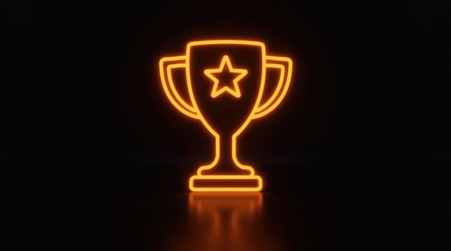 Glowing neon trophy with star on black background - Powered by Adobe