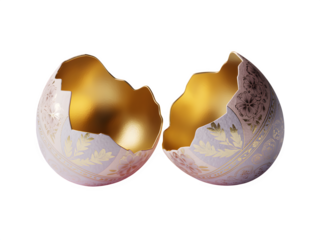 Two halves of a cracked decorative egg with a golden interior isolated on transparent background