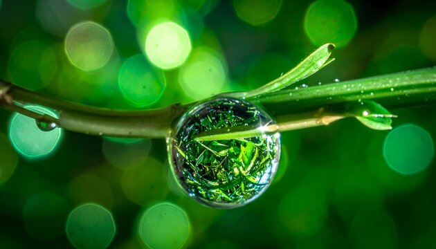A macro shot of a water droplet refracting a miniature image of green grass - Powered by Adobe