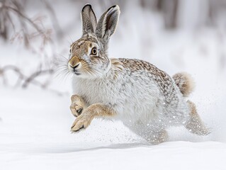 Obraz premium Leaping hare, winter coat, bounding through deep snow, blurred action