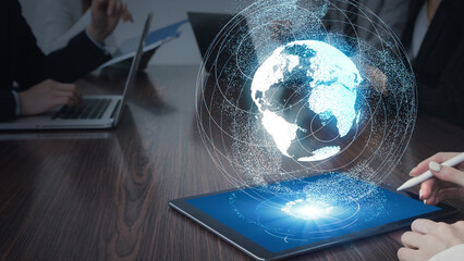 Global business network connecting on a tablet, showcasing international collaboration and data visualization for modern technology and worldwide communication