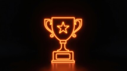 Glowing orange neon trophy with a star on a black background