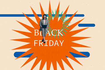 Creative sketch art collage of serious girl hold clipboard flash black friday promo bargain retail offer mall consumerism