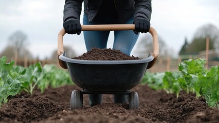 Gardening enthusiast spreading organic material in a spring garden while preparing for planting season