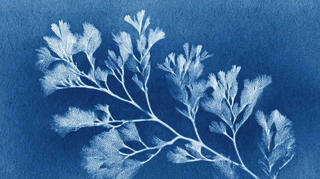 A cyanotype print of delicate fern fronds, a study in botanical beauty and the art of shadows