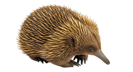 Isolated short-beaked echidna looking forward, adorable animal, mammal, monotreme species
