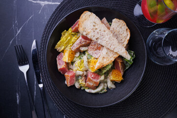 Creamy Bacon Salad With Oranges, Croutons, And Fresh Greens