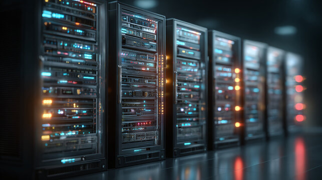 A row of server cabinets displaying active data transfer - Powered by Adobe