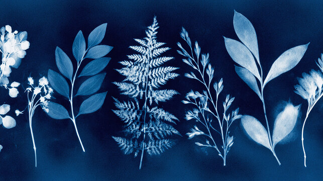 A unique cyanotype print featuring an arrangement of various plant leaves and fern fronds, showcasing botanical details in shades of blue.